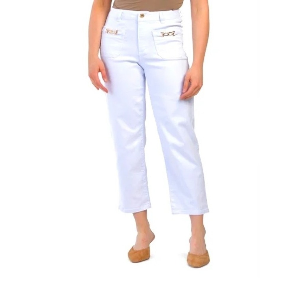 Camila Coelho Womens White Straight Leg Crop Jeans Gold‎ Chain Detail Size 2